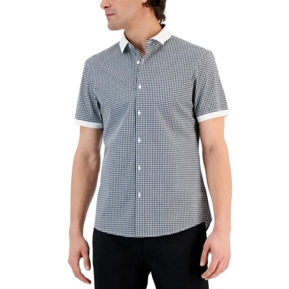 Michael Kors Short Sleeve Gingham Shirt Slim Fit Button Up - Picture 1 of 9